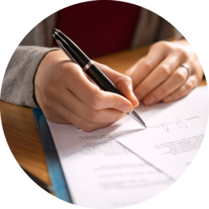 Person signing business documents representing company benefits, legal administration and registered office services in Hungary